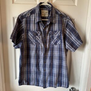 Refuel New York Men’s Large  Button Down Short Sleeve Plaid Shirt Metal Button